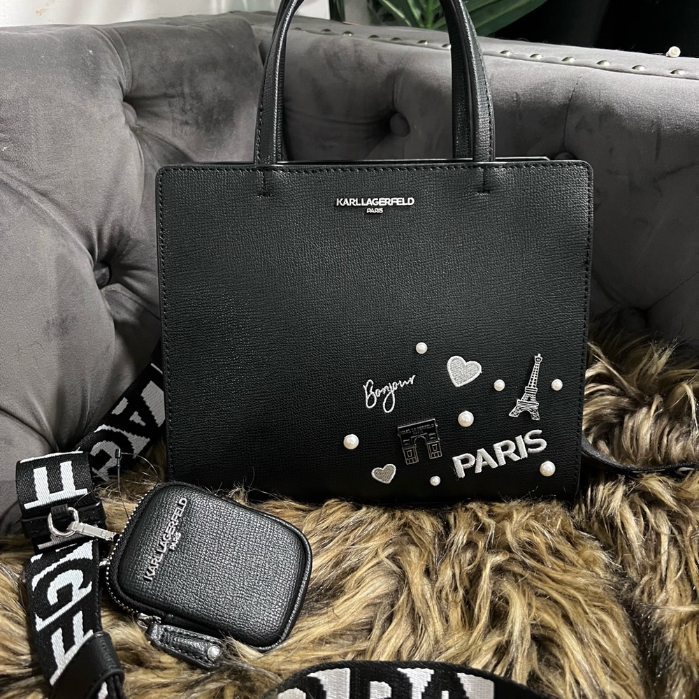 Karl Lagerfeld Black Satchel with Paris Embellishments